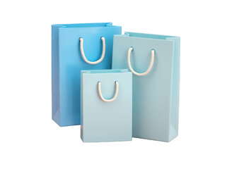 Three elegant blue gift bags of varying sizes with white handles.