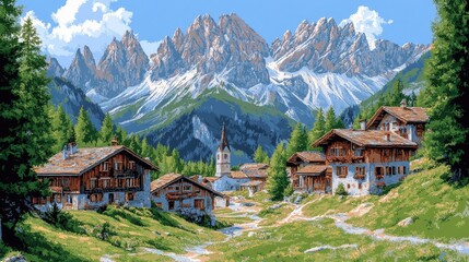 Fototapeta premium Picturesque alpine village nestled amongst snow-capped peaks.