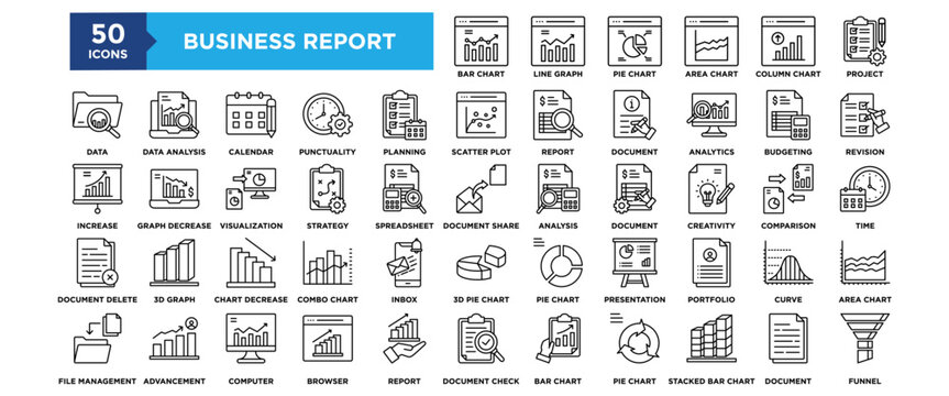50 Business Report icon set. Containing design business, report, marketing, analysis, corporate, office, growth, strategy	