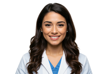 Portrait of a young, smiling Hispanic female doctor or healthcare professional in a white lab coat and blue scrubs, looking at the camera. Isolated on a transparent background, studio shot.
