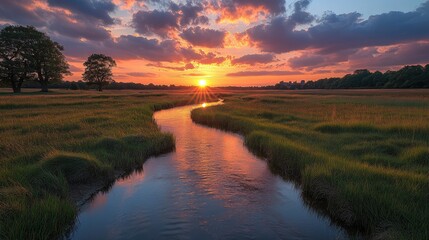 Obraz premium A tranquil river meanders through a grassy meadow at sunset.