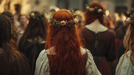 Obraz premium Riga Solstice Festival, Redhead Woman with Flower Crown in Medieval Fair Crowd
