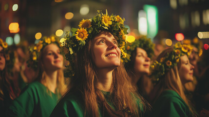 Riga Solstice Festival, Young Women in Flower Crowns at Night Festival Celebrating Midsummer Traditional Celebration