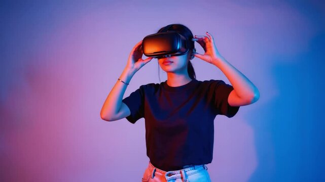 Young woman experiencing virtual reality in a colorful room with soft lighting effects