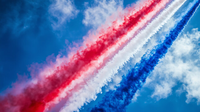 Paris Air Show, Dramatic Aerial Display Red White and Blue Smoke Trails in a Vivid Sky