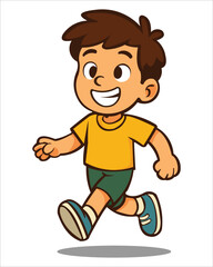 Cheerful cartoon boy walking with a happy expression. A cute vector character wearing a yellow shirt, green shorts, and blue shoes, perfect for educational content, children's books, mobile apps, game