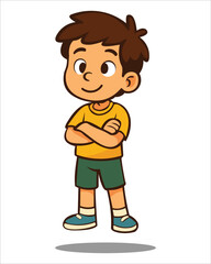 Cute cartoon boy standing confidently with arms crossed. This vector character features a cheerful child wearing a yellow shirt and green shorts, perfect for educational content, storybooks, games, mo