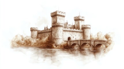 Medieval Castle by the River: A Sepia-Toned Masterpiece