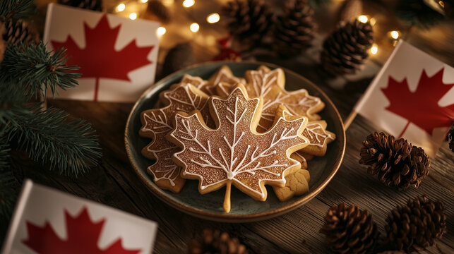 Canada Day, Delicious Canadian Maple Leaf Cookies on Rustic Wooden Table with Festive Decorations