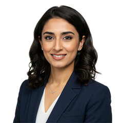 Confident young professional South Asian businesswoman in a navy blazer, smiling warmly. Elegant female executive headshot portrait, isolated on a black studio background.