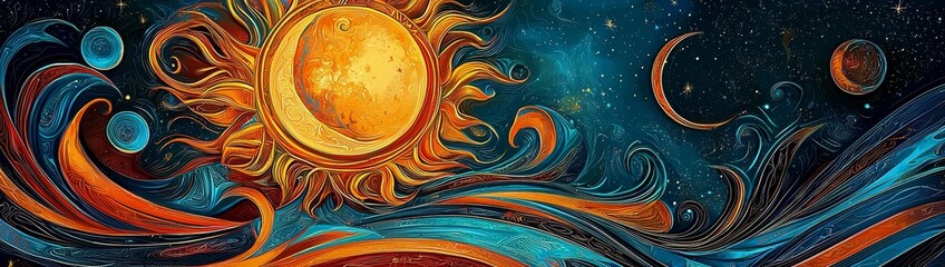 Vibrant and ethereal sun and moon designs with tribal influences.