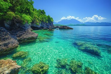 Fototapeta premium Tropical coast, clear water, rocks, lush vegetation, sunny day, idyllic landscape, travel