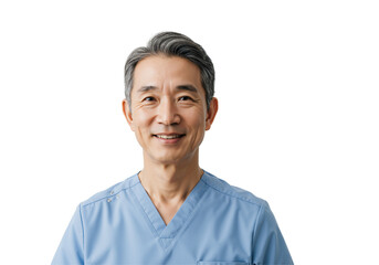 Smiling Male Healthcare Worker Portrait in Scrubs, Professional Asian Doctor with Gray Hair