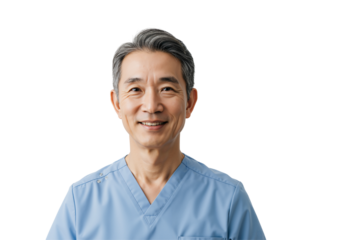 Smiling Male Healthcare Worker Portrait in Scrubs, Professional Asian Doctor with Gray Hair