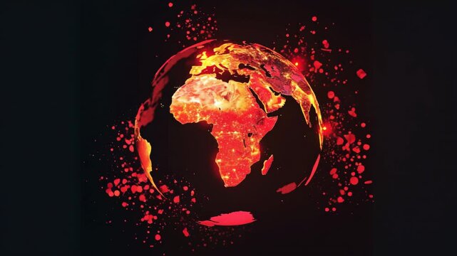 Fiery earth digital illustration with glowing globe, dramatic red splatter, and illuminated continents Africa and Europe, highlighting global warming, environmental crisis, and intense energy dark