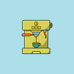 A flat design illustration of a yellow espresso machine brewing coffee into a green cup, isolated on a light blue background. Perfect for coffee, cafe, or kitchen-related themes