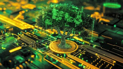 This 3D illustration represents the intricate balance between nature and technology.