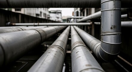 Perspective view of multiple urban water pipeline infrastructure with pipes running through an industrial area for water quality and city sewer systems.