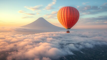 A hot air balloon soars above a sea of clouds, with a majestic mountain peak in the background.