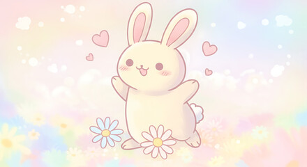 Adorable Pastel Bunny Rabbit in Flower Field Cute Cartoon Illustration