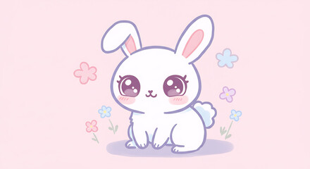 Adorable White Bunny Rabbit Cartoon Illustration with Pastel Flowers Kawaii Style