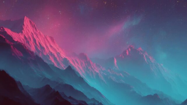 Pink and teal mountain range under a vibrant, starry night sky. Dreamlike, atmospheric landscape with soft lighting and hazy details.  Perfect for fantasy or science fiction projects.