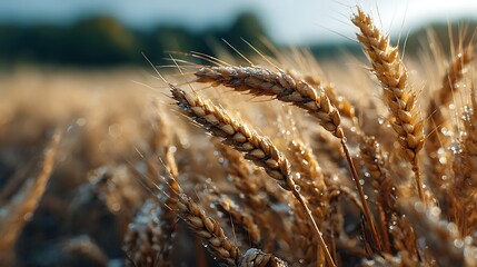 Wheat Field Close-up with Water Droplets on Golden Ears
