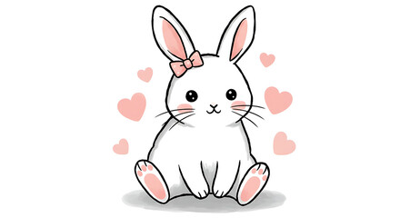 Obraz premium Adorable White Bunny Rabbit Cartoon Illustration with Pink Bow and Hearts Perfect for Kids Designs