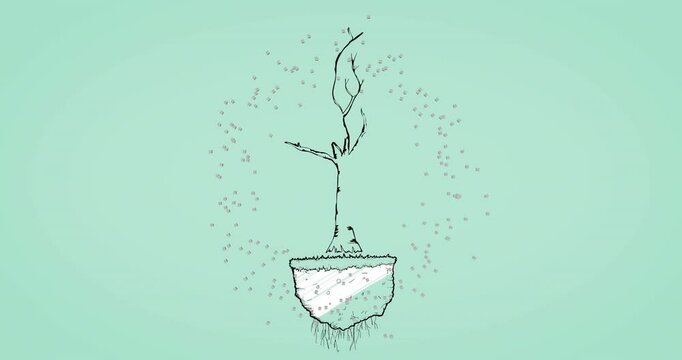 Seed detaching from floating ring falling onto soil, growing money branches symbolizing wealth