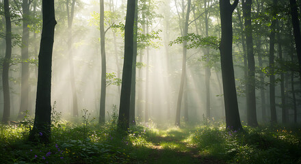Fototapeta premium Magical Sunbeams Illuminating Misty Forest Path Tranquil Nature Scene