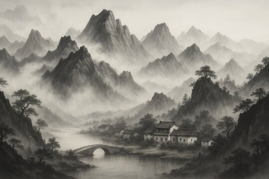 【真作】掛軸　朝靄の湖畔図　静けさ漂う山水風景画　静寂の情景　T31 山水画 Images – Browse 1,567 Stock Photos, Vectors, and