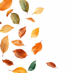 Obraz premium A beautiful scatter of colorful autumn leaves in various shades floating gently.