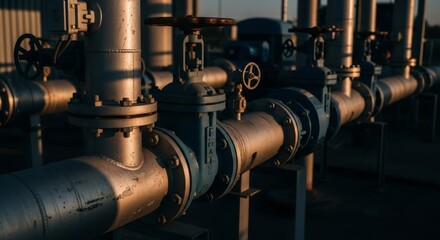 Close up of an industrial water pipeline system. Urban water management infrastructure with pipes and valves. City sewer and water supply network.