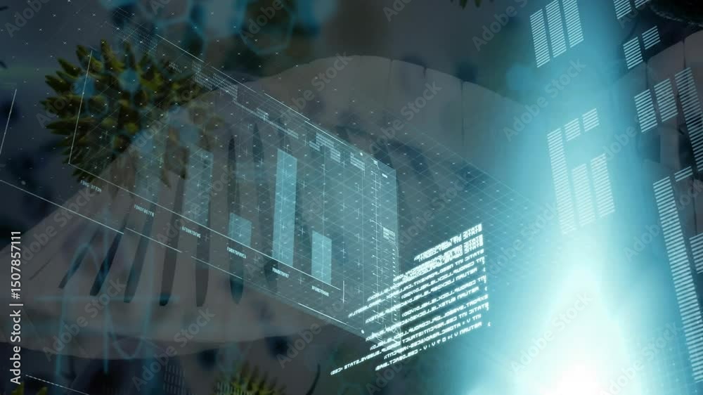 Poster cyan beam activating holographic panel rotating while generating chart representing dna virus data