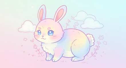 Adorable Pastel Rainbow Bunny Rabbit in a Dreamy Field of Flowers and Clouds