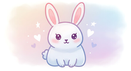 Obraz premium Adorable Pastel Bunny Rabbit Illustration Cute Kawaii Animal Design Hearts and Stars Background