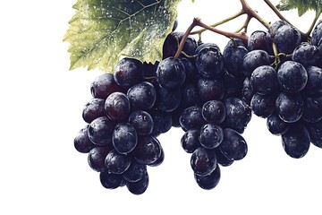 bunch of fresh red grapes with green leaves, isolated on a clean white background