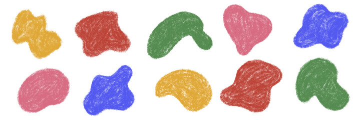 Chalk abstract shape set. Organic blobs with crayon texture. Irregular aesthetic empty message background. Scribble text box. Pencil minimalistic color blob. Kids freehand vector illustration isolated