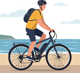 Obraz premium Man Riding Electric Bicycle by Seaside Wearing Yellow Shirt and Helmet Vector Illustration 