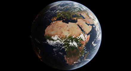 Detailed View of Earth From Space Featuring Africa Europe and Asia with City Lights and Cloud Cover in Darkness