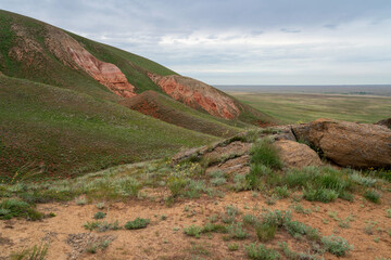 Fancy stones on the slopes of the highest point of the Caspian lowland - Bolshoe Bogdo Mountains on...