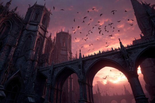Gothic Architecture at Dusk. A dramatic view of a gothic cathedral silhouetted against a sunset sky.