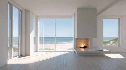 Minimalist beach house living room with floor-to-ceiling windows showcasing an ocean view and a modern fireplace. Sunlight streams through the windows onto light wood floors
