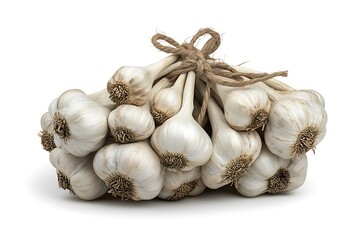 bunch of white garlic bulbs are tied together with twine and isolated