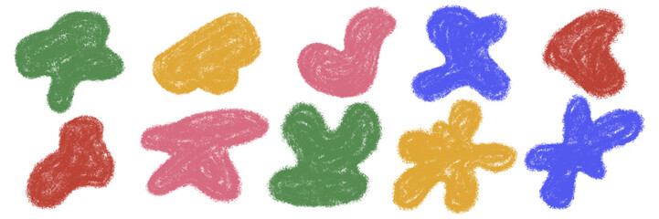 Chalk abstract shape set. Organic blobs with crayon texture. Irregular aesthetic empty message background. Scribble text box. Pencil minimalistic color blob. Kids freehand vector illustration isolated