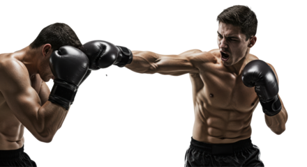 Two muscular men boxing dynamic punch action photo high intensity sport powerful fight professional athlete studio shot black gloves dramatic lighting copy space
