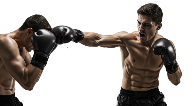Two muscular men boxing dynamic punch action photo high intensity sport powerful fight professional athlete studio shot black gloves dramatic lighting copy space
