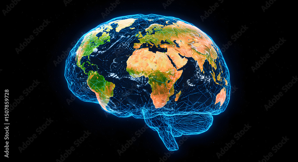 Poster digital brain with earth map overlay representing global connectivity and artificial intelligence on