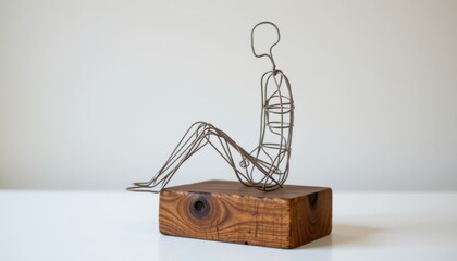 a minimalist sculpture made from wire hangers shaped into an abstract figure, fixed onto a reclaimed wood block, serving as a conversation starter or accent in gallery style decor.