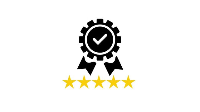 Yellow seal with five stars. Gold award medal, Luxury seal. Winner, Trophy, Top Quality concept. Businessman holding and showing the best quality assurance with golden five stars. Good Experience, 